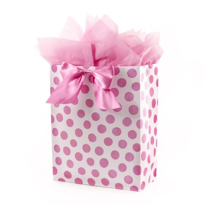 Gift Bag with Tissue Paper (Pink Polka Dots and Bow) for Birthdays Easter Baby Showers Bridal Showers