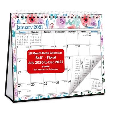 Desk Calendar 2020-2021 (Floral, 8x6") Cute Desktop Standing Flip Monthly Calendar on Easel